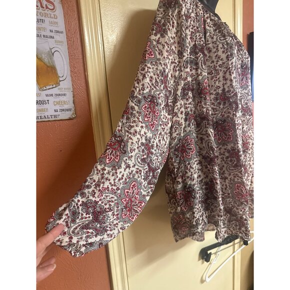 Chaps Womens 2X Paisley Boho Blouse With Long Sleeves & Scoop Neck White/Red - Picture 7 of 9